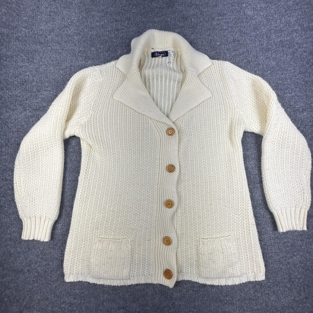 Vintage Eileen Cardigan Sweater Womens 48 White Knit Collared Button 80s